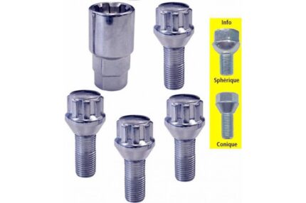 Lot de 4 vis antivol de roue M14 Sphérique pour remorque